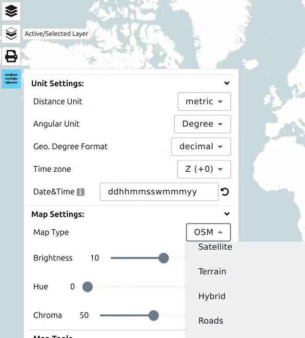 map.army's Map Type dropdown expanded, listing Satellite, Terrain, Hybrid, Roads, Roadmap and OSM