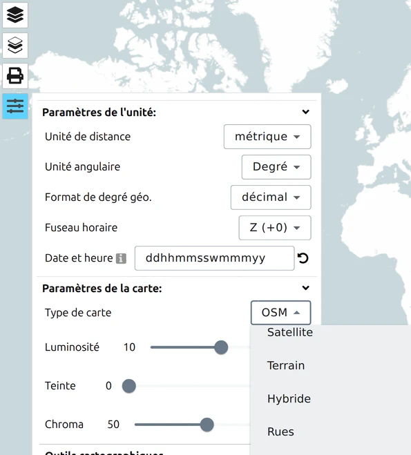 Menu déroulant Type de carte de map.army déplié, listant Satellite, Terrain, Hybride, Rues, Carte routière et OSM