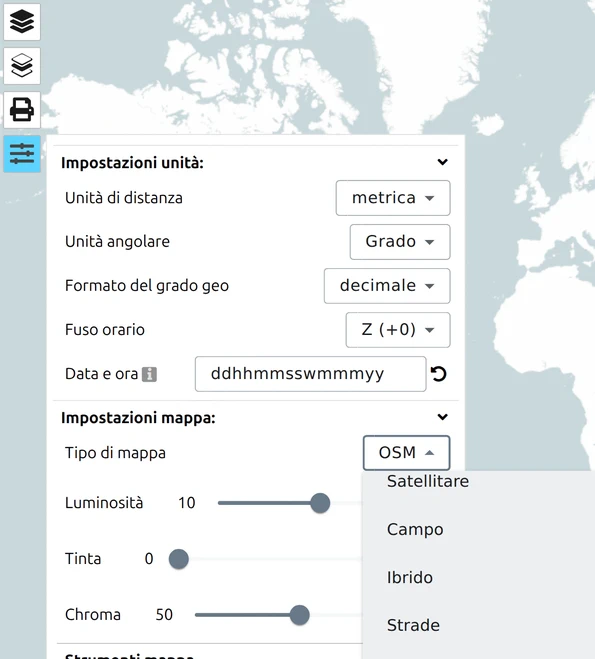 Menu a tendina Tipo di mappa di map.army espanso, con Satellite, Terrain, Hybrid, Roads, Roadmap e OSM