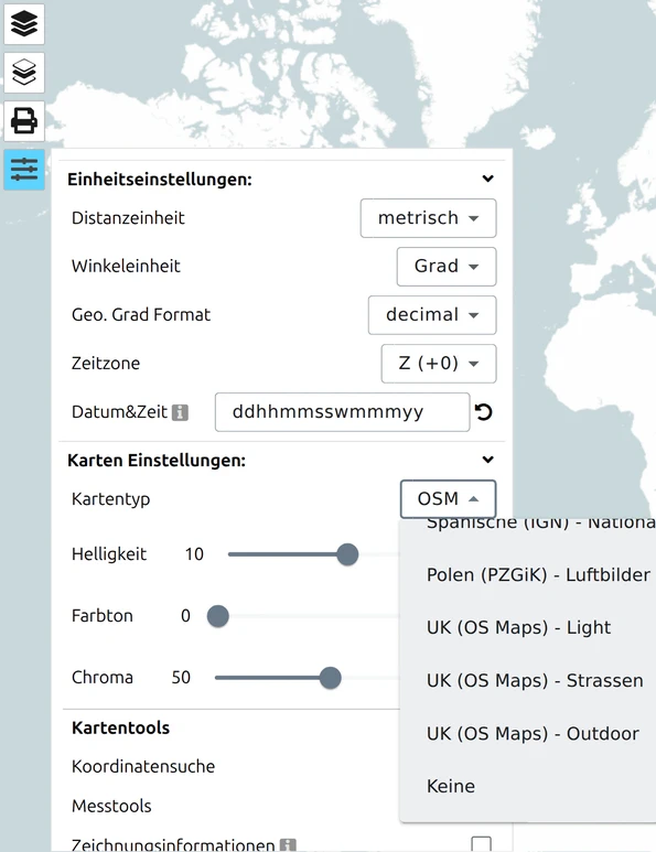 Kartentyp-Dropdown von map.army, gescrollt zur Option 'Keine' für einen leeren Hintergrund unter Ihrem eigenen Overlay