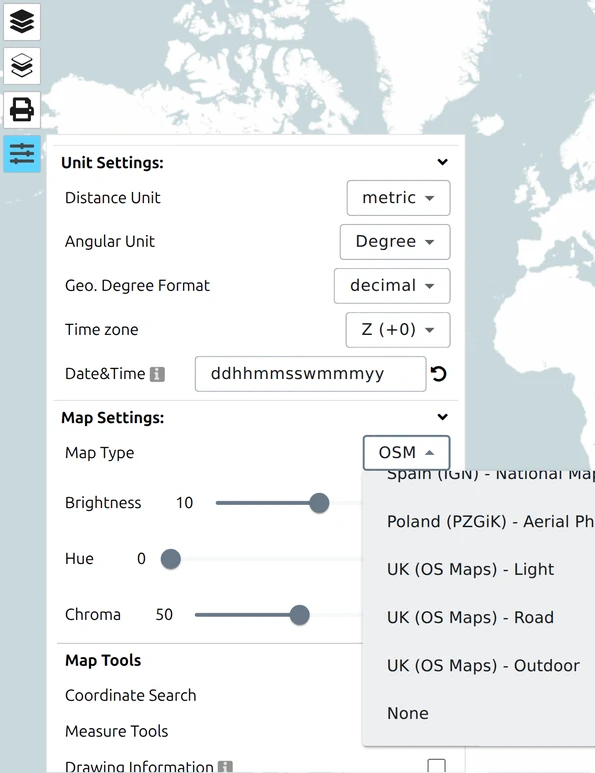 map.army's Map Type dropdown scrolled to the 'None' option, for a blank background under your own overlay