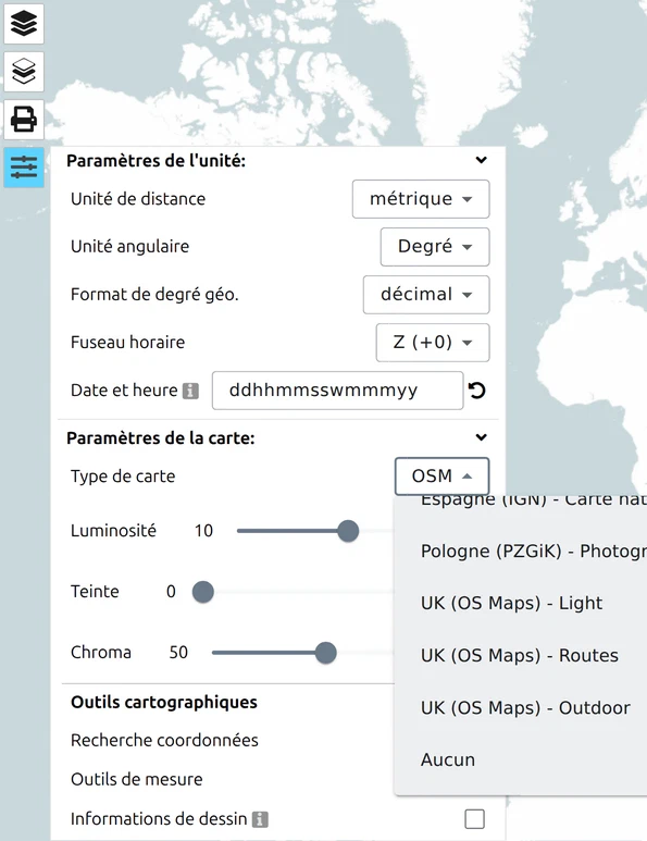 Menu déroulant Type de carte de map.army, défilé jusqu'à l'option « Aucun » pour un fond vide sous votre propre superposition