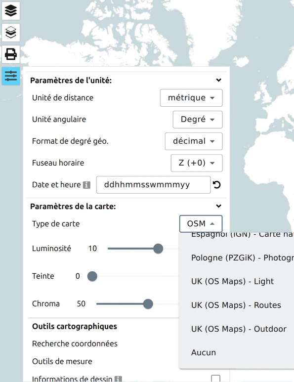Menu déroulant Type de carte de map.army, défilé jusqu'à l'option « Aucun » pour un fond vide sous votre propre superposition