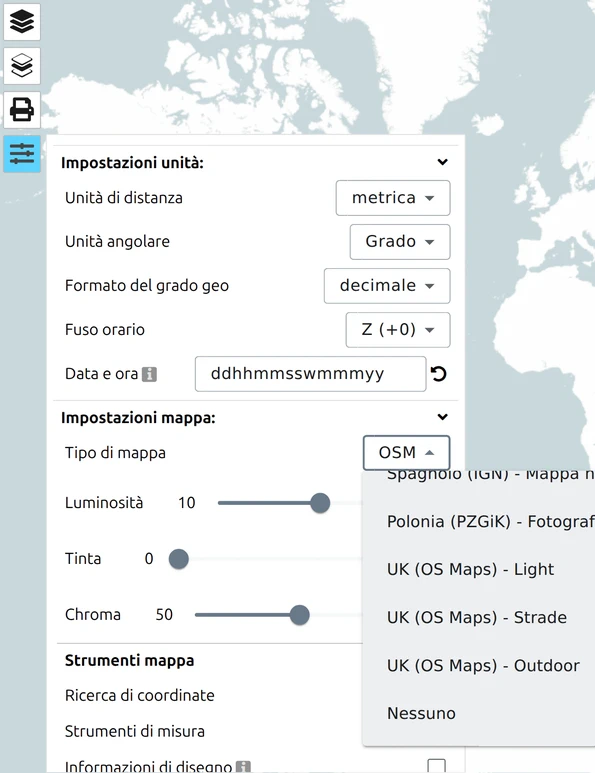 Menu a tendina Tipo di mappa di map.army, scorso fino all'opzione 'Nessuna' per uno sfondo vuoto sotto il proprio overlay