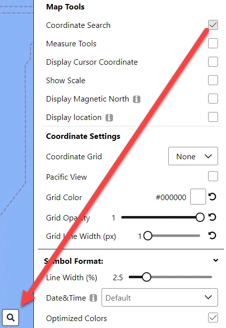 Arrow pointing to the Coordinate Search button in the lower-left corner of the map