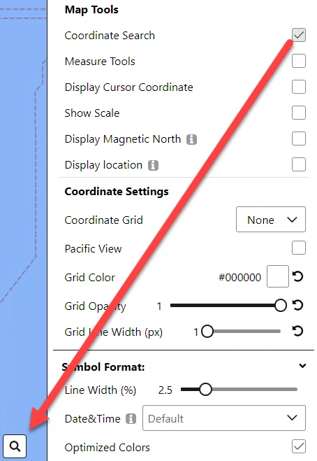 Arrow pointing to the Coordinate Search button in the lower-left corner of the map