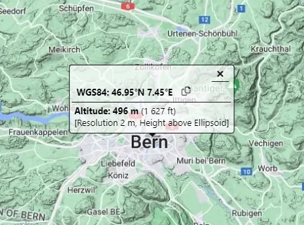 Map centred on the search result marker for coordinates 46.95°N 7.45°E