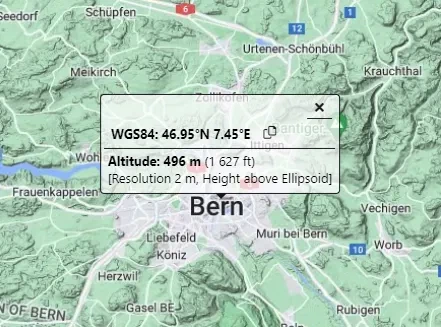 Map centred on the search result marker for coordinates 46.95°N 7.45°E