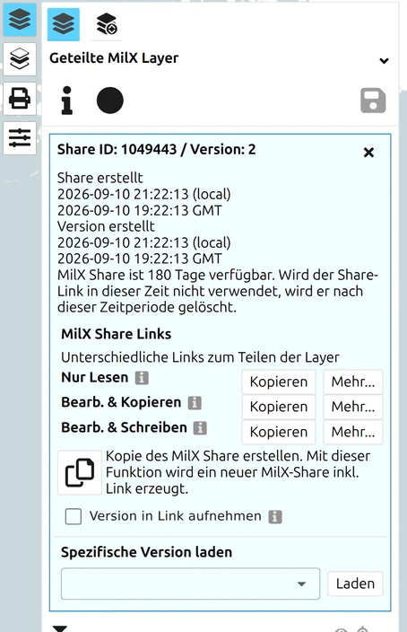 MilX-Freigabedialog in map.army mit den Link-Zeilen Nur Lesen, Bearb. & Kopieren und Bearb. & Schreiben