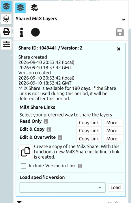 Complete MilX Share dialog in map.army — link options and version list only, no password or account fields