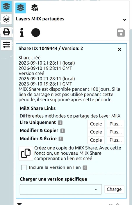 Boîte de dialogue MilX Share de map.army — options de lien et versions seulement, aucun mot de passe ni compte