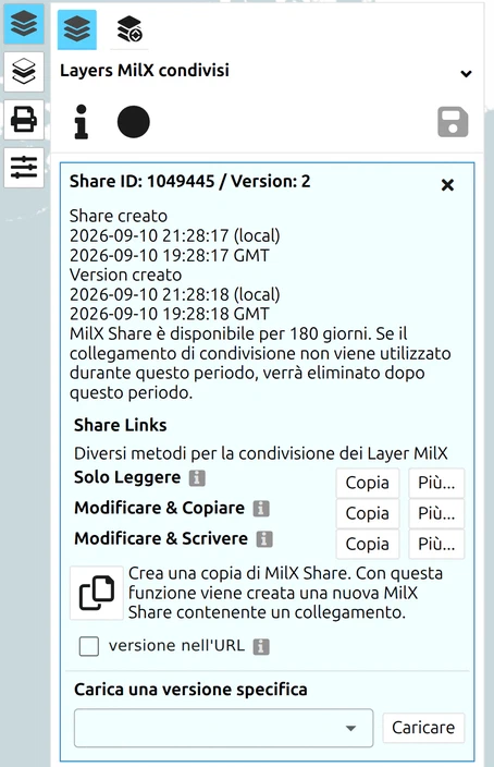 Finestra MilX Share in map.army con i link di condivisione in sola lettura e in modifica