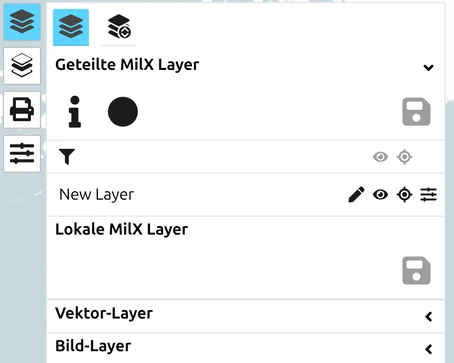 'Geteilte MilX Layer' und 'Lokale MilX Layer' im Layer-Manager von map.army, bereit zum Verschieben eines Layers