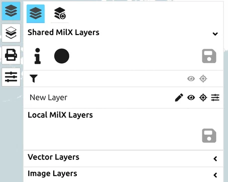 'Shared MilX Layers' and 'Local MilX Layers' groups in the map.army Layer-Manager, ready to drag a layer between them