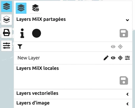 Groupes MilX partagées et locales dans le gestionnaire des layers de map.army, prêts à glisser un calque entre eux