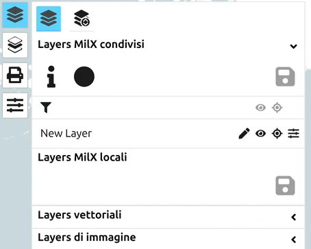 Gruppi MilX condivisi e locali nel gestore dei layers di map.army, pronti per trascinare un livello tra loro