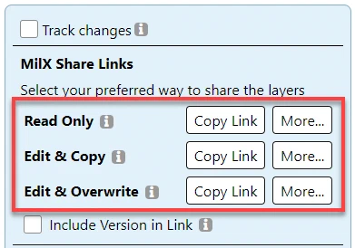 The three share type options in the app share dialog