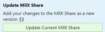 Green 'Update Current MilX Share' button in the share dialog