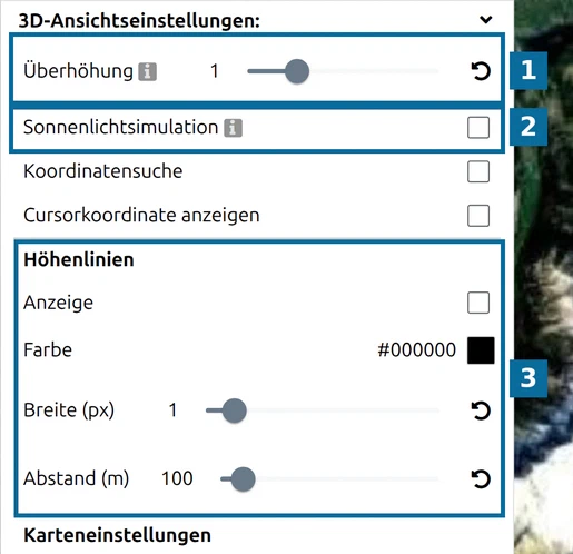 3D-Ansichtseinstellungen im Optionen-Panel von map.army: Überhöhung (1), Sonnenlichtsimulation (2), Höhenlinien (3)
