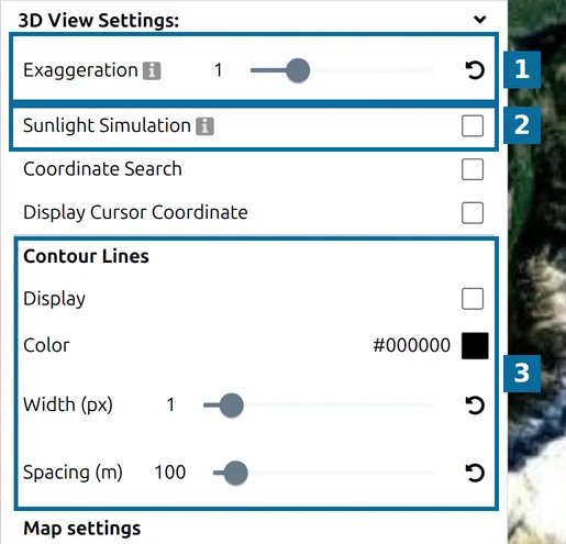 3D View Settings in the map.army Options panel: Exaggeration (1), Sunlight Simulation (2), Contour Lines (3)
