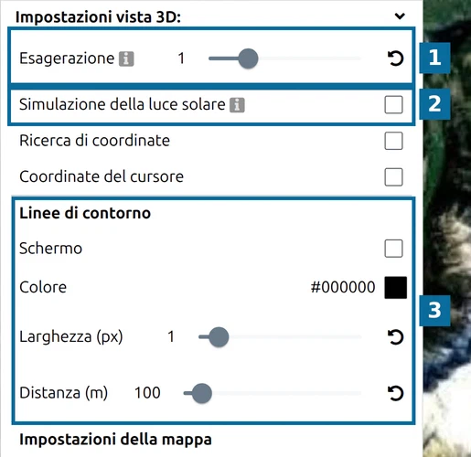 Impostazioni vista 3D di map.army: Esagerazione (1), Simulazione della luce solare (2), Linee di contorno (3)