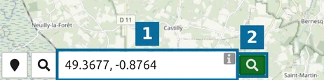 map.army coordinate search field with 49.3677, -0.8764 typed in and the green Search button