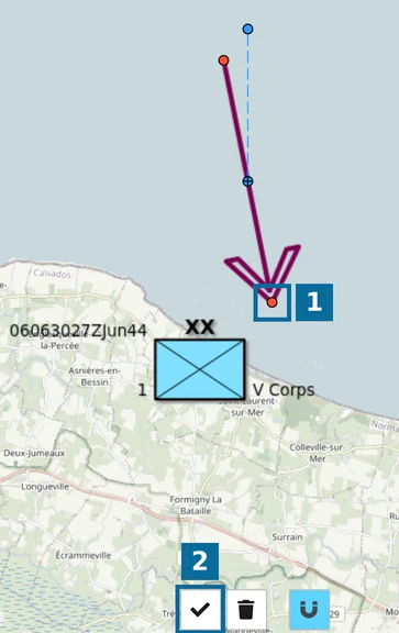 Flèche d'attaque principale de la mer vers Omaha Beach avec sa poignée de pointe et le bouton de fin de modification