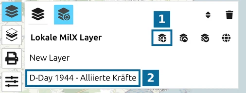 map.army Layer-Manager mit 'Neuer MilX Layer' und dem neuen Layer 'D-Day 1944 - Alliierte Kräfte'