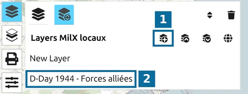 Gestionnaire des layers de map.army avec 'Nouveau layer MilX' et le layer 'D-Day 1944 - Forces alliées'