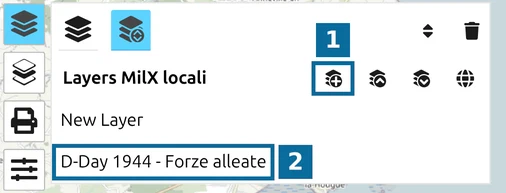 Gestore dei layer di map.army con il pulsante 'Nuovo Layer MilX' e un nuovo layer rinominato 'D-Day 1944 - Forze alleate'