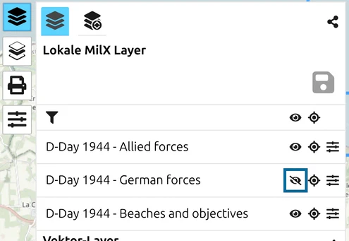 map.army Layer-Liste, bei der das Augen-Symbol des Layers 'D-Day 1944 - German forces' ausgeschaltet ist