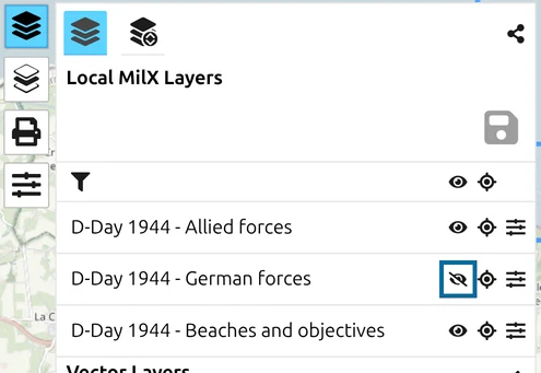 map.army layer list with the eye icon of the 'D-Day 1944 - German forces' layer switched off