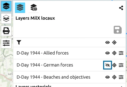 Liste des layers de map.army avec l'icône œil du layer 'D-Day 1944 - German forces' désactivée