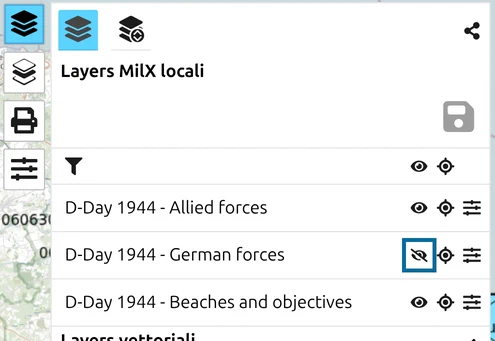 Elenco dei layer di map.army con l'icona a forma di occhio del layer 'D-Day 1944 - German forces' disattivata