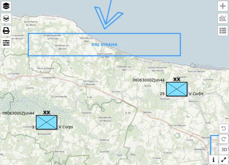 Omaha Beach dans map.army, layer allemand masqué : seules les divisions américaines et l'objectif de la plage