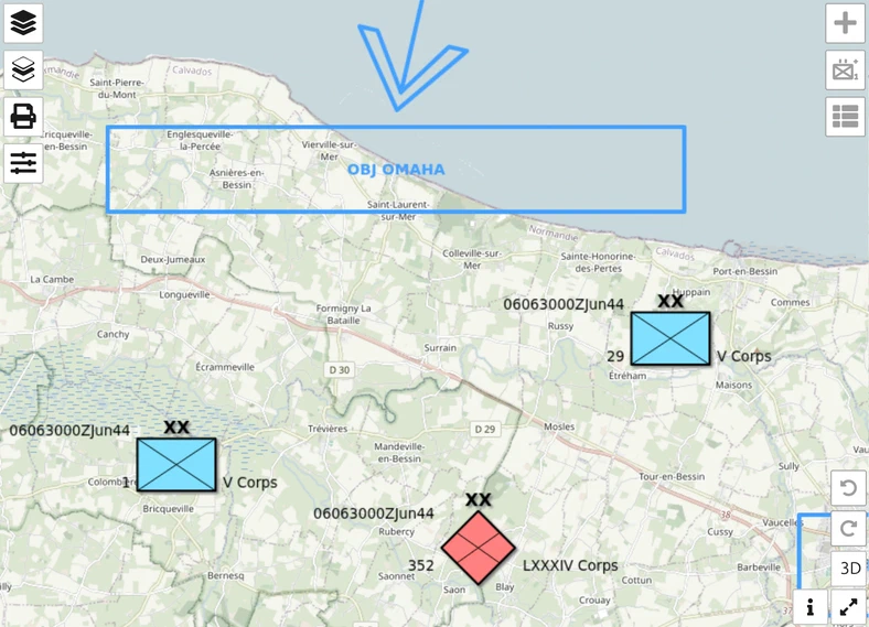 Omaha Beach le 6 juin 1944 dans map.army : US 1st et 29th Infantry Divisions, 352nd Infantry Division allemande