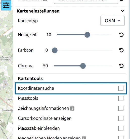 'Koordinatensuche' unter 'Kartentools' im Optionen-Bereich von map.army