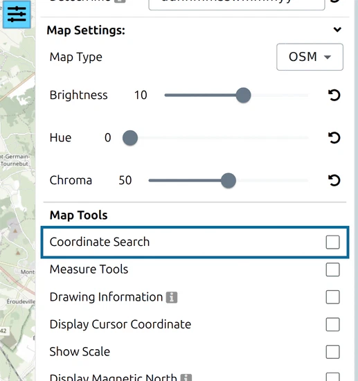 'Coordinate Search' under 'Map Tools' in the map.army Options panel