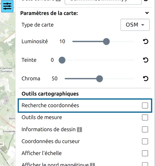 'Recherche coordonnées' sous 'Outils cartographiques' dans le panneau Options de map.army