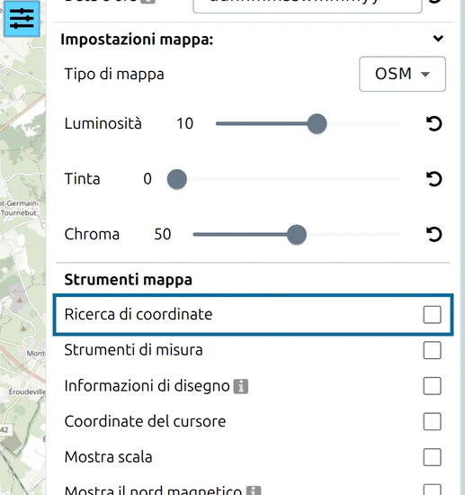 'Ricerca di coordinate' sotto 'Strumenti mappa' nel pannello Opzioni di map.army