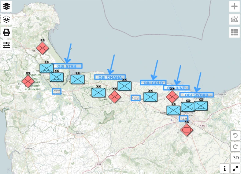 Jour J, 6 juin 1944, dans map.army : divisions alliées en bleu sur les cinq plages, allemandes en rouge, flèches d'attaque