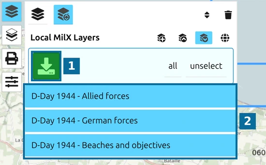 map.army Layer-Manager 'Save as MilX' with the three D-Day layers selected and the green download button