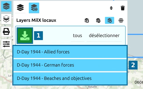 'Enregistrer sous MilX' dans map.army avec les trois layers D-Day sélectionnés et le bouton de téléchargement vert