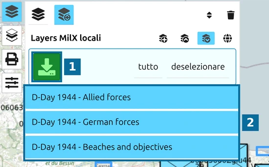 Salva come MilX nel gestore dei layer di map.army con i tre layer del D-Day selezionati e il pulsante verde di download