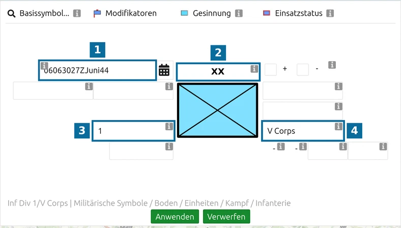 map.army MSS-Symbol-Editor mit Datum und Zeit, Hierarchiezeichen, Einheitsbezeichnung und übergeordnetem Verband