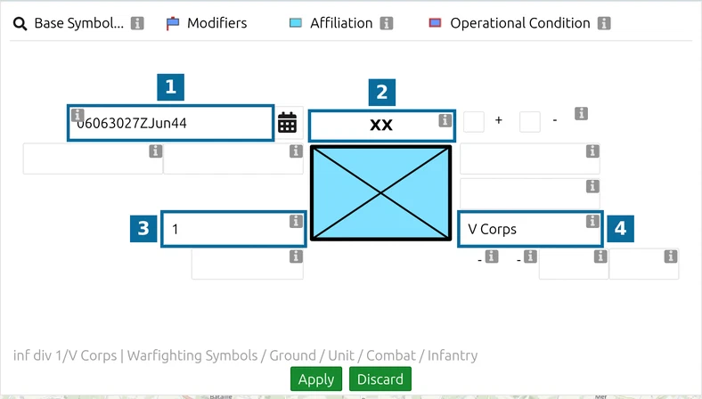 map.army MSS Symbol Editor with the date-time, echelon, designation and higher formation fields of an infantry symbol