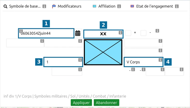 MSS Symbol Editor de map.army : date-heure, signe hiérarchique, désignation et formation supérieure