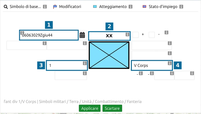 MSS Symbol Editor di map.army: data-ora, segno gerarchico, designazione e formazione superiore
