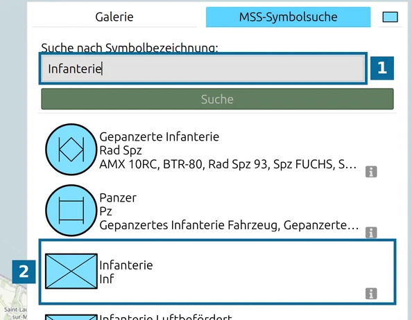 map.army MSS-Symbolsuche mit dem Suchbegriff 'Infanterie' und dem Ergebnis 'Infanterie'