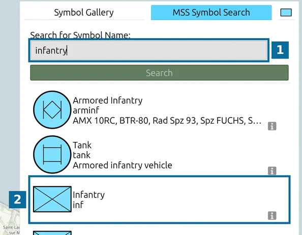 map.army MSS Symbol Search with 'infantry' typed in and the 'Infantry' result